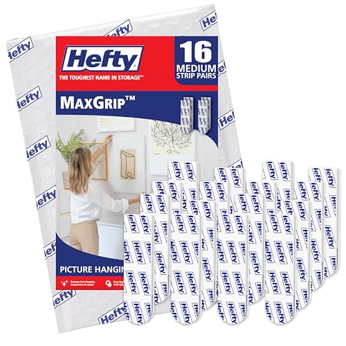 Hefty Picture Hanging Kit - 16 Medium Pairs, Holds Up to 12 Lbs | Picture Hangers & Kit for Home Decor - Picture Hanging Hardware for Superior Adhesion on Frames, No Nails