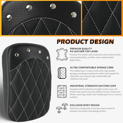 DREAMIZER Universal Black Motorcycle Solo Passenger Seat Rear Cushion 8 Suction Cups Compatible with Harley Davidson Sportster XL 883 1200 Forty Eight Dyna Chopper Bobber Custom (Black-rivet) - style: Rivet Black