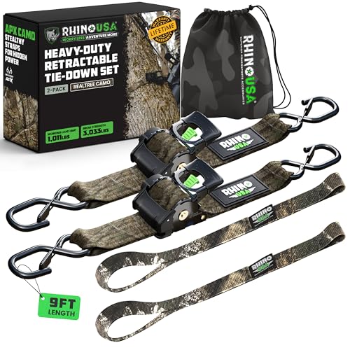 Rhino USA x Realtree Retractable Ratchet Straps (2PK) 2"x 9' (3,033lb Break Strength)- Heavy Duty Auto Self Retracting Tie Down Straps for Truck, Cargo Trailer, Motorcycle, ATV, UTV- Realtree APX Camo - color: Realtree APX Camo, size: 2PK