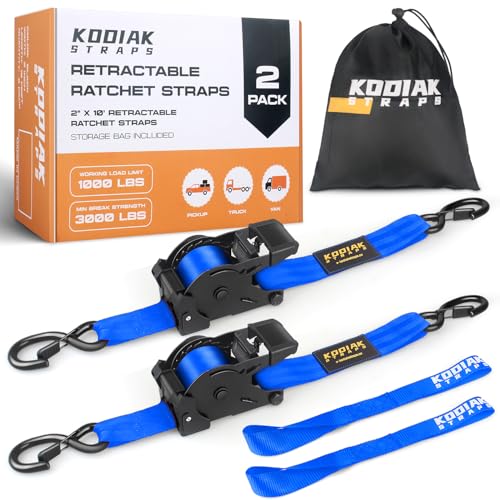 Retractable Ratchet Straps 2" x 10ft, 3,000lb Break Strength, Heavy Duty Easy Release Tie Down for Trucks, Trailers, Motorcycles, ATVs, Secure Cargo KODIAK STRAPS (Blue, 2Pack) - color: Blue, size: 2INCH*2PACK