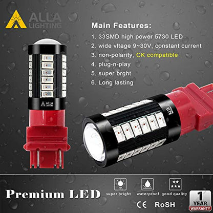 Alla Lighting 2800lm 3156 3157 LED Strobe Brake Lights Bulbs, Pure Red Xtreme Super Bright T25 Wedge 5730 33-SMD 12V Flashing Stop Lamps 3057 3457 4157 4057 3056 3057K 4057KX 3157LL