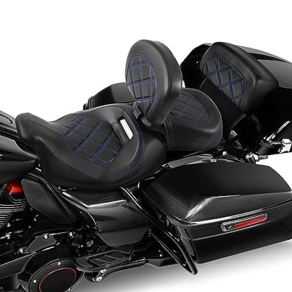 SLMOTO Motorcycle Low-Profile Passenger Rieder Seat, Rider Sissy Bar Backrest Pad Passenger Sissy Bar For Harley Touring CVO Road King Street Glide Road Glide Electra Glide 2014-2023 Black Blue - color: Style B Blue Seat+Rider Backrest + SP