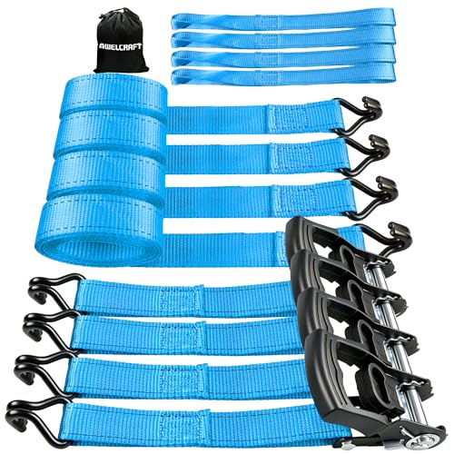 AWELCRAFT Ratchet Straps(4 Pack),3300lb Breaking Strength,1.5in×10ft Heavy Duty Tie Down Ratcheting with Padded Handles,Double J Hooks & 4 Soft Loops for Trailer,Trucks,Motorcycle(Blue) - color: Blue