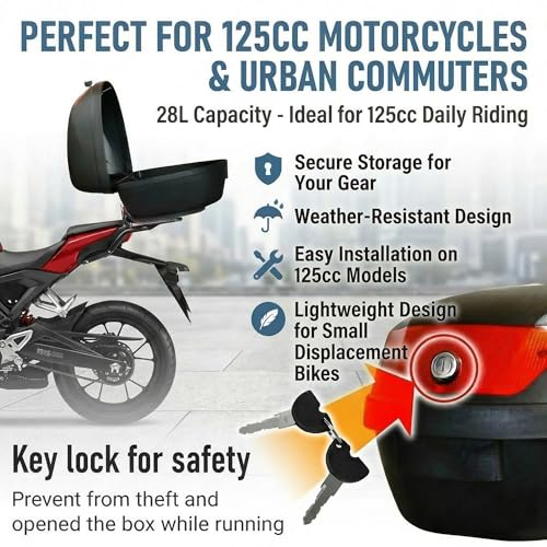 Japard Motorcycle Top Case 28L Rear Box Daily Tail Box Trunk Lockable Storage Carrier Waterproof Universal Mounting for Helmet Luggage (28L)