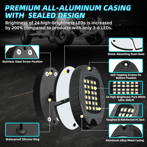 16Pods Metal Pure White LED Rock Lights Kit 6500K for Truck Pickup Offroad | Aluminum Housing, Plug-and-Play & Pre Wired, Switch Wiring Harness Extension Fuse, 384Chips Waterproof 12V, Pure Copper Wire - color: Pure White 24LEDs, size: 16Pods