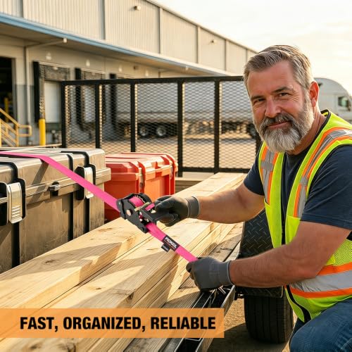 Retractable Ratchet Straps (4-Pack) - 1 Inch x 10 Feet (1,764lb Break Strength) - Heavy Duty Auto Self Retracting Tie Down Straps for Truck, Cargo Trailer, Motorcycle, ATV, UTV – Pink - color: Pink