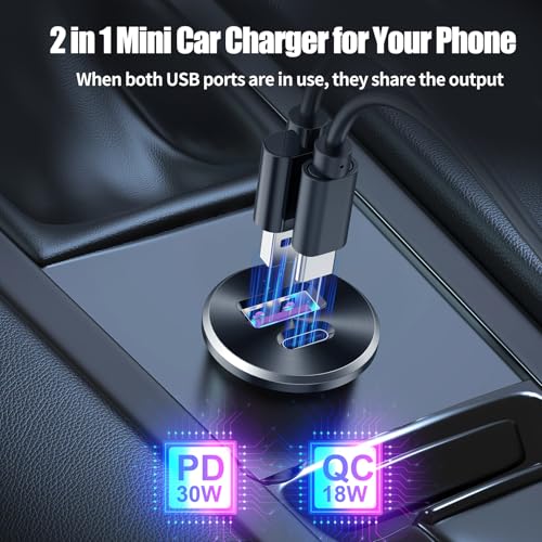 Mini 12V USB Outlet Aluminum Car Charger with PD30W and QC 18W Ports, 22mm Diameter Flush-Mounted Pre-Wired Cigarette Lighter Replacement Charger Socket for Car Boat RV Truck Motorcycle, etc.
