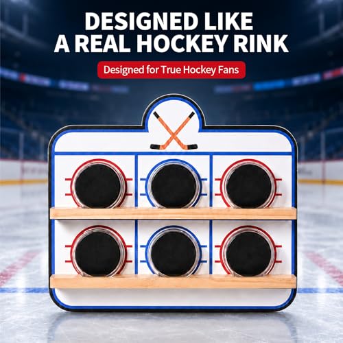 Hockey Puck Display Case，6 Pack Acrylic Clear Box Holder with Wooden Base Ice Hockey Rink Designed , Showcase for Autographed Memorabilia - size: 15.7ln×13.3ln×2.7ln