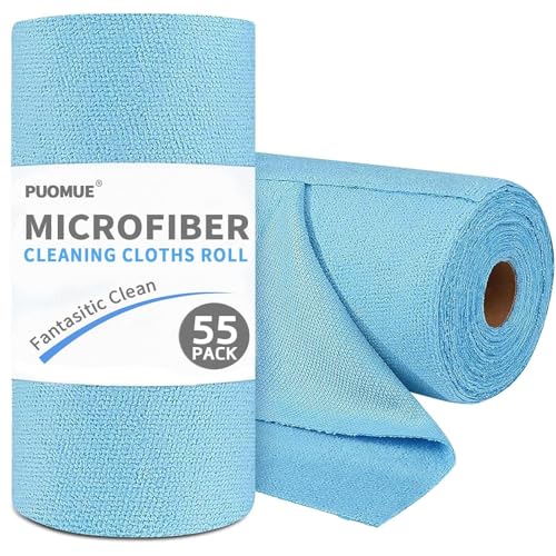 Puomue 55 Pack Microfiber Cleaning Cloth Roll, Tear Away Reusable Paper Towels, 11" X 9", Ultra Absorbent & Lint Free Microfiber Cloth for Cleaning Cars, Kitchen, Window, Home and Shop, Blue - color: Blue