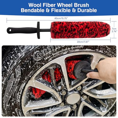 5 Pack Car Wheel and Tire Cleaner Brushes Kit Auto Motorcycle Rim Ultra Soft Microfiber No Spatter Bendable Woolies Bristle Cleaning Set (Red & Black) - color: Red & Black