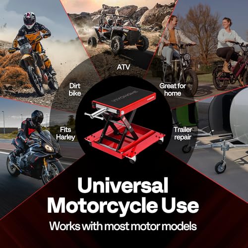 VIVOHOME 1100 Lbs Motorcycle Lift Jack, Steel Wide Deck ATV Scissor Lift with Dolly Wheels & Hand Crank, Bike Garage Repair Hoist Stand for Maintenance, Red - color: Red + Black