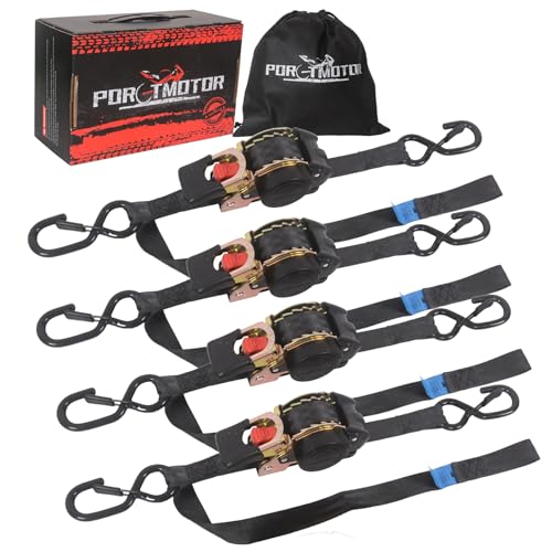 Retractable Ratchet Straps with Built-in Soft Loop, 1 Inch x 10 Feet Self Retracting Straps for Cargo, Truck, Motorcycle, ATV (4 Pack, with Storge Bag)