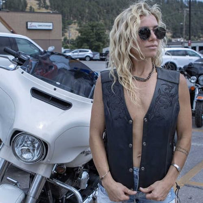 Milwaukee Leather ML1296 Women's Black Leather Side Laced Motorcycle Vest w/Reflective Tribal - color: Black, size: X-Small