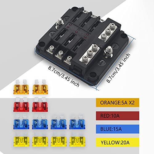 ASUBHA 6-Way Marine Fuse Block,Waterproof 12v Fuse Block with LED Indicator, Automotive Fuse Box Holder 12V/24V Fuse Panel Universal for Automotive Golf Cart Truck Car Boat Marine RV Motorcycle