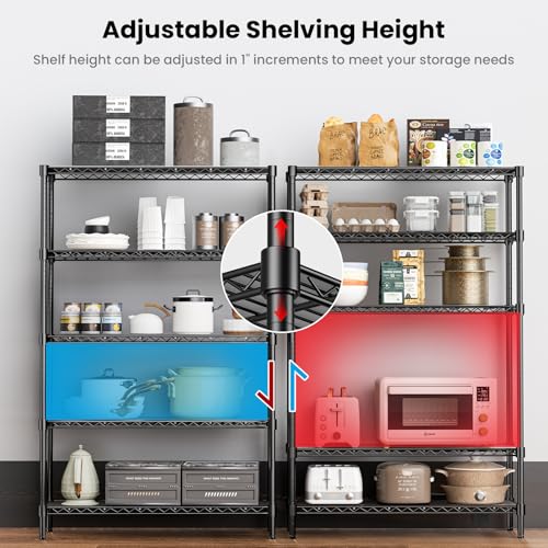 45" W Storage Shelves 5 Tier Wire Shelving, Adjustable Metal Shelving Unit with Shelf Liners, 1875LBS Heavy Duty Storage Rack for Garage Pantry Kitchen Commercial, 45" W x 16" D x 72" H, Black - size: 45" W x 16" D x 72" H-5 Tier