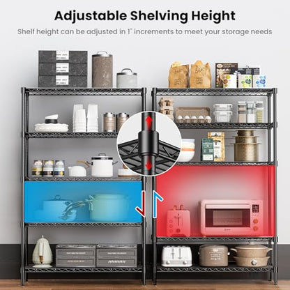 45" W Storage Shelves 5 Tier Wire Shelving, Adjustable Metal Shelving Unit with Shelf Liners, 1875LBS Heavy Duty Storage Rack for Garage Pantry Kitchen Commercial, 45" W x 16" D x 72" H, Black - size: 45" W x 16" D x 72" H-5 Tier