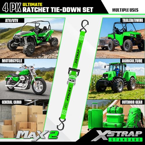 XSTRAP STANDARD 4PK Motorcycle Ratchet Straps, 1" x 15ft, 2,200 lbs Break Strength Tie Down Straps with Safety Lock S-Hooks, Soft Loop Straps and Stickers for Trucks, Cargo, Moving (Green) - size: Green-2200 lbs-4Loops