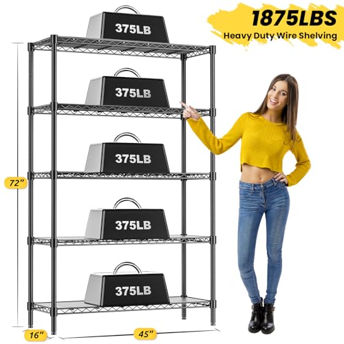 45" W Storage Shelves 5 Tier Wire Shelving, Adjustable Metal Shelving Unit with Shelf Liners, 1875LBS Heavy Duty Storage Rack for Garage Pantry Kitchen Commercial, 45" W x 16" D x 72" H, Black - size: 45" W x 16" D x 72" H-5 Tier
