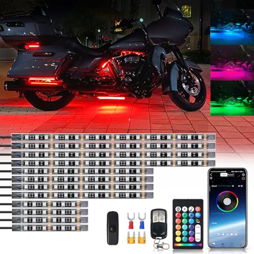 12PCS Segmented Motorcycle RGB LED Light Kits with Brake Turn Signal, Underglow Lights with APP/Dual Remote, Multicolor 12v Waterproof Motorcycle LED Underglow Kit for Harley Yamaha Suzuki - size: 12PCS