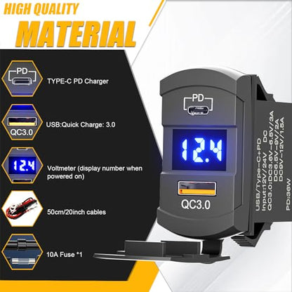Dual Socket Charger Panel with Voltmeter - Type-C PD & USB QC 3.0 Fast Charger,12V/24V Waterproof for Marine, Boat, RV, Vehicle, Motorcycle Switch Panel (Square, Blue LED)