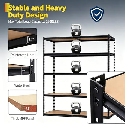 Heavy Duty Storage Shelves 5-Tier Shelving Unit, 2500 LBS Capacity Metal Rack for Garage Kitchen Pantry, Adjustable Shelves, 35" L x 18" W x 72" H - size: 72" H x 36" W x 18" D