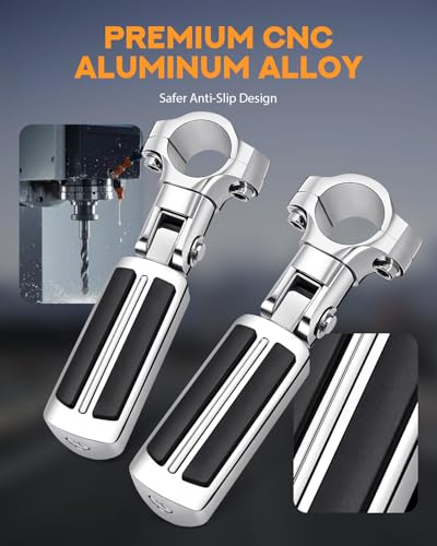 PBYMT Highway Footpegs, 1"&1.25" Highway Pegs Stainless Steel Aluminum Adjustable Fit for Harley Davidson Street Glide Road King Road Glide Softail Dyna 1-1/4" Engine Guard Style C Chrome Black - color: CHROME