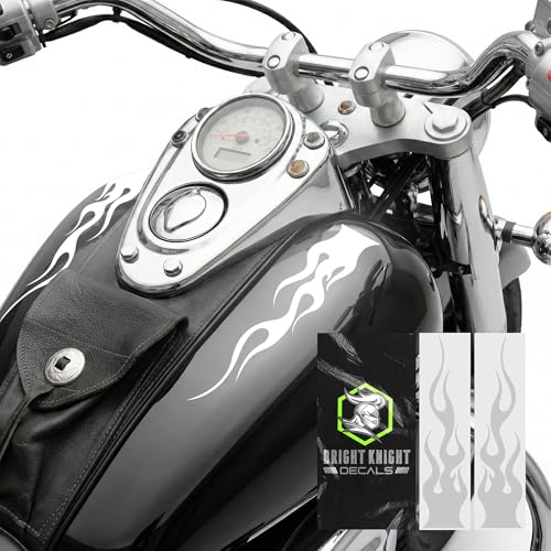 Bright Knight Decals Reflective Flame Stickers, Set of 2 Large White Flame Decals for Vehicles, Outdoor Waterproof 3M Vinyl Motorcycle Helmet Stickers for Safety Visibility with Clean Removal - color: White, size: Pack of 2