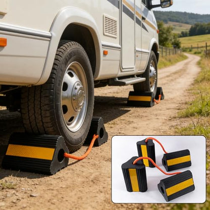 Wheel Chocks for RV Trailer 2 Pair /4pack with Rope & Reflective Strips Rubber Wheel Chocks Heavy Duty Tire Stopper for Camper, Truck, Car, Travel Trailer