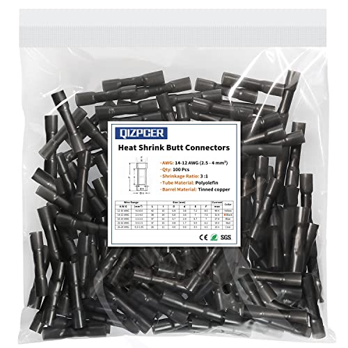 100 Pcs Black Heat Shrink Butt Connectors, 14-12 AWG Marine Grade Heat Shrink Wire Connectors, Tinned Copper, Waterproof Insulated Crimp Butt Splice Automotive Electrical Connectors - size: 14-12 AWG