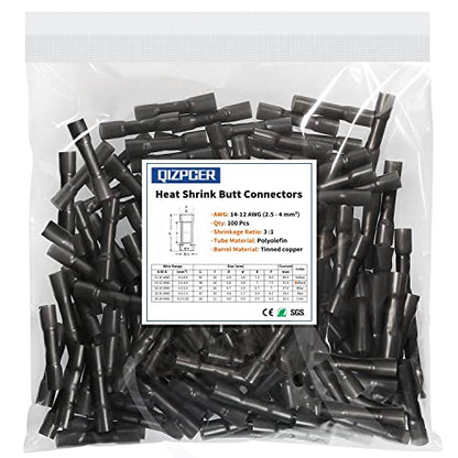 100 Pcs Black Heat Shrink Butt Connectors, 14-12 AWG Marine Grade Heat Shrink Wire Connectors, Tinned Copper, Waterproof Insulated Crimp Butt Splice Automotive Electrical Connectors - size: 14-12 AWG