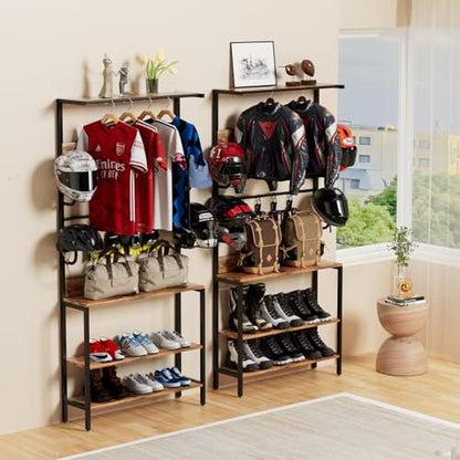 Motorcycle Helmet Holder Floor Mounted Stand, Wall Mount with Helmet Rack, 4 Glove Chips and 4 Hooks, Rustic Helmets Holder and Motorcycle Helmets Rack for Most of Helmet
