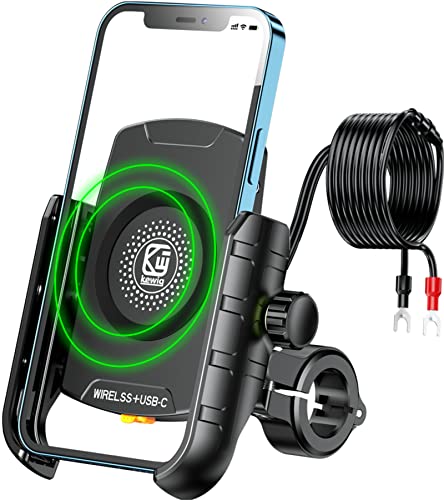 BRCOVAN Motorcycle Phone Mount Holder with Wireless & USB-C Charger | Qi 15W & PD 20W, Waterproof Cellphone Cradle with Aluminum Alloy Handlebar Mounting Base for 4'' - 8'' Smartphones
