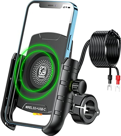 BRCOVAN Motorcycle Phone Mount Holder with Wireless & USB-C Charger | Qi 15W & PD 20W, Waterproof Cellphone Cradle with Aluminum Alloy Handlebar Mounting Base for 4'' - 8'' Smartphones