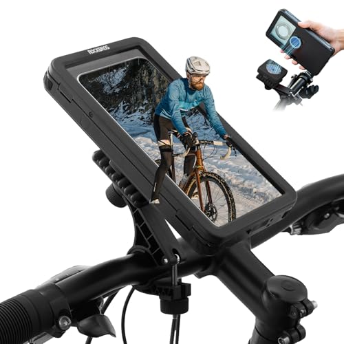 ROCKBROS Magnetic Bike Cell Phone Holder IPX4 Waterproof Motorcycle Phone Mount on Handlebar Fit for 4.7"-6.9" Phones FlipCase 360° Full-Body Protection 3S Quick Auto Lock Rotateable Anti-Shock - color: Black, size: Handlebar