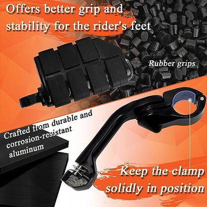 FOVPLUE 1.25" Highway Footpegs,Long Angled Adjustable Highway Pegs w/Mounts for Harley Touring Street Glide Electra Glide Road King Softail CVO Dyna Trike VRSC Sportster w/1-1/4" Engine Guard,Black#2 - color: GLOSS BLACK LONG ANGLED