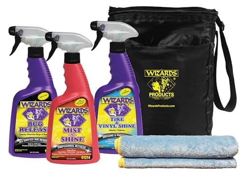 Wizards 5 Piece Car Detailing Kit - Beginner Friendly Professional Car Detailing Kit - Car Accessories for Men - Comes with a Microfiber Towel, Storage Bag and 22 oz Spray Bottles - color: Quick Kit (5 pc)