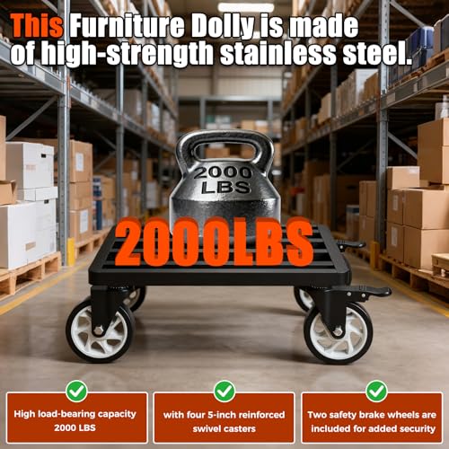 Stainless Steel Furniture Dolly, 2000lbs Capacity Heavy Duty Furniture Dolly, 5-inch Swivel casters, 18 x 14 inch Platform and Fastening Device, Safely Moving Heavy Objects - size: 18"L x 14"W Furniture Dolly