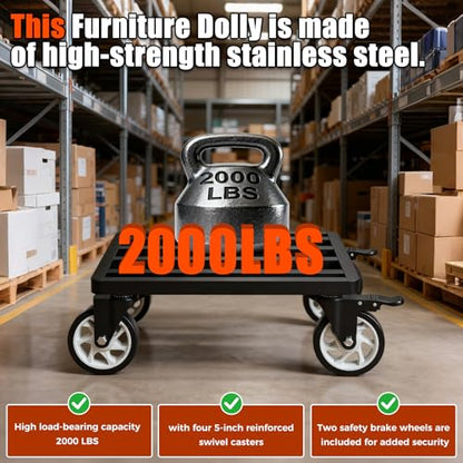 Stainless Steel Furniture Dolly, 2000lbs Capacity Heavy Duty Furniture Dolly, 5-inch Swivel casters, 24 x 18 inch Platform and Fastening Device, Safely Moving Heavy Objects - size: 24"L x 18"W Furniture Dolly
