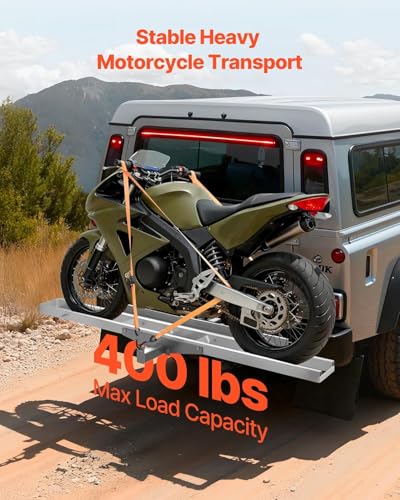 Motorcycle Hitch Carrier with 47‘’ Loading Ramp, Aluminum Hitch Bike Rack for Car & SUV, 400lb Capacity, Dirt Bike Trailer Rack with Stabilizer & Ratchet Straps, Fits 2" Receiver