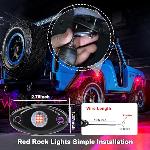 Red Rock Light 12pods 6000k Pure Red Led Rocks Lights Kit Ip68 Waterproof 47inch Extension Wires for ATV Rv Utv SUV Offroad Pickup Trucks Golf Boat Cars Trailers Fender Underglow Lighting (Red) - color: Red-12pcs