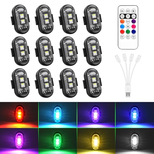 Wireless RGB LED Lights for Car, 12 Pack Rechargeable Interior Car Strobe Lights with Remote, 8 Colors 10 Modes, Waterproof Anti-Collision Lights for Motorcycle, Drone, Bike Decor - color: 12Pcs