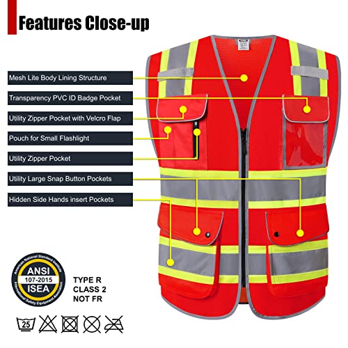 Retro-Reflection Red Mesh Safety Vests With 9 Pockets and Front Zipper ANSI/ISEA 107-2015 (Red-04, Large) - color: Red-4, size: Large