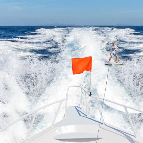 Orange Boat Flag with 53" Adjustable Pole - 12” x 18” Water Ski Flag with Stable Holder, Boat Safety Accessories for Watersports Wakeboarding