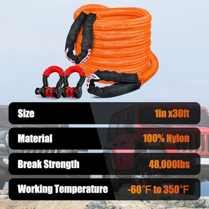 Nilight Kinetic Recovery Tow Rope Kit with 3/4" Anti-Theft D-Ring Shackles 1" x 30ft Heavy Duty Offroad Tow Rope Snatch Strap Towing Strap kit 48,000LBS for UTV ATV SUV Truck Car Jeep Tractor - color: 1in x 30ft Rope+2Pcs Anti-Theft D-Ring Shackles