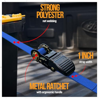 FORTEM Ratchet Straps, Tie Down Strap Set 1650lb Break Strength, 4 Pack 15ft x 1in, 4 Soft Loops, Moving Straps Tie Downs, Cargo Cam Buckles for Trucks, Carry Bag, for Men - color: Blue