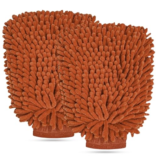 2 PCS Car Wash Mitt, Scratch-Free & Lint-Free Chenille Microfiber Wash Mitts, Highly Absorbent Double-Sided Glove for Auto Washing and Detailing, Universal Car Accessories (Coffee) - color: Coffee, size: 2 PCS