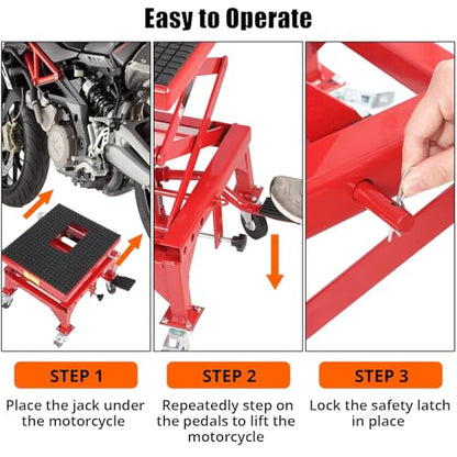 Hydraulic Motorcycle Lift Jack Table, 350 lbs Capacity Heavy Duty Motorcycle Scissor Jack Lift with Wide Deck, J-Hooks, 4 Wheels, Hydraulic Foot Operated Jack Stand for ATV Dirt Bikes