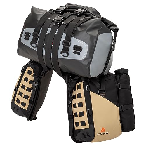 TUSK Highland X2 Rackless Luggage System w/Medium Dry Duffel/Large Bottle Holders Compatible with KTM/Husky 690-701 Heat Shield Black/Tan - color: Black/Tan, size: Medium Dry Duffel/Large Bottle Holders, style: Ktm/Husky 690-701 Heat Shield