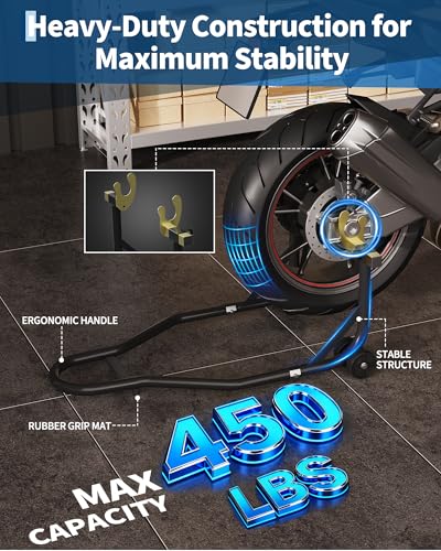 Motorcycle Stand Lift - 450 lbs Heavy Duty Adjustable Front & Rear Wheel Lift， Fits Most Bikes for Maintenance, Repair and Storage, with Anti-Slip Pads & Rollers, Black - color: Black
