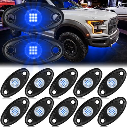 Macarrie 12 Pods Rock LED Lights Waterproof Neon Underglow Trail Rig Lamp Lighting for Car SUV Pickup Truck Motorcycle Boat ATV Utv RZR Rv Offroad Trailer Fender Under Body Golf(Blue) - color: Blue